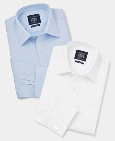 2pk White & Blue Twill Classic Fit Double Cuff Formal Shirts