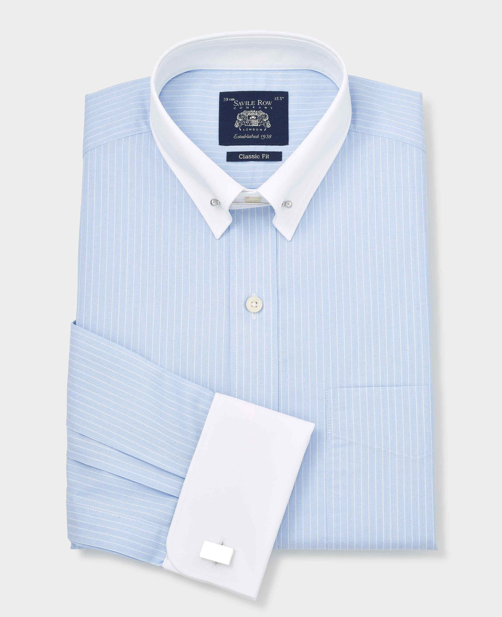 Men's Blue White Stripe Contrast Pin Collar Classic Fit Formal Shirt With  Double Cuffs – Savile Row Company