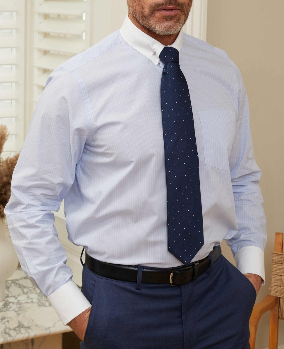 Men s Blue White Stripe Contrast Pin Collar Classic Fit Formal Shirt men-s-blue-white-stripe-contrast-pin-collar-classic-fit-formal-shirt