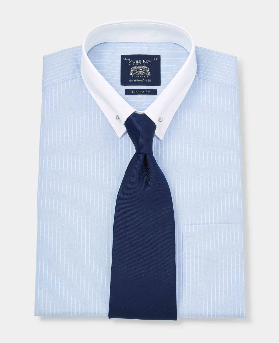 Men s Blue White Stripe Contrast Pin Collar Classic Fit Formal Shirt With Double Cuffs Savile Row Company