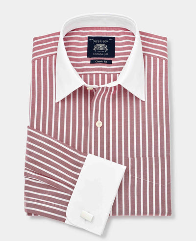 Dark Red White Stripe Classic Fit Shirt With White Collar & Cuffs - Double Cuff