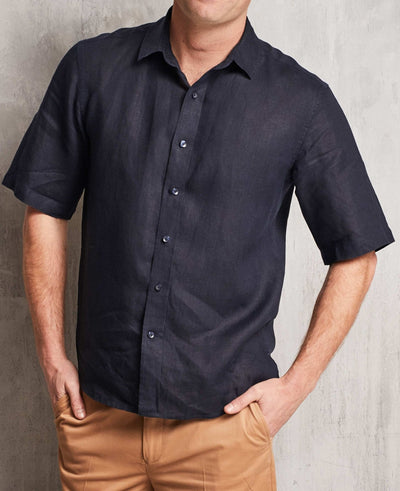 Men's Navy Pure Linen Short Sleeve Casual Shirt In Shorter Length