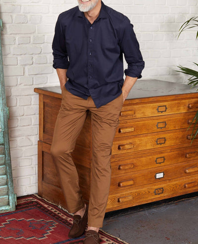 Men's Navy Cotton Twill Slim Fit Casual Shirt In Short Length