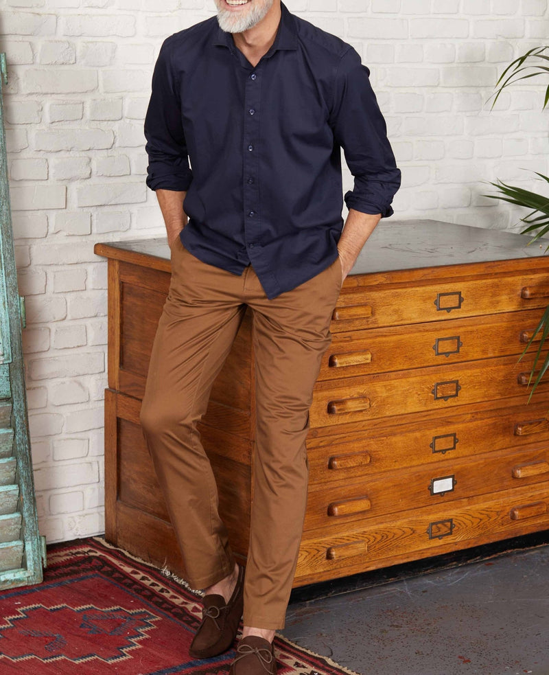 Men's Navy Cotton Twill Slim Fit Casual Shirt In Short Length