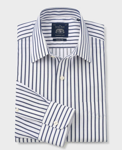 White Navy Stripe Classic Fit Non-Iron Shirt - Single Cuff