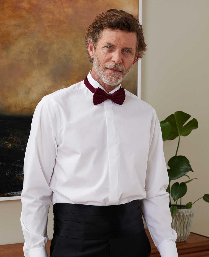 Men's wing collar white shirt with burgundy bow tie