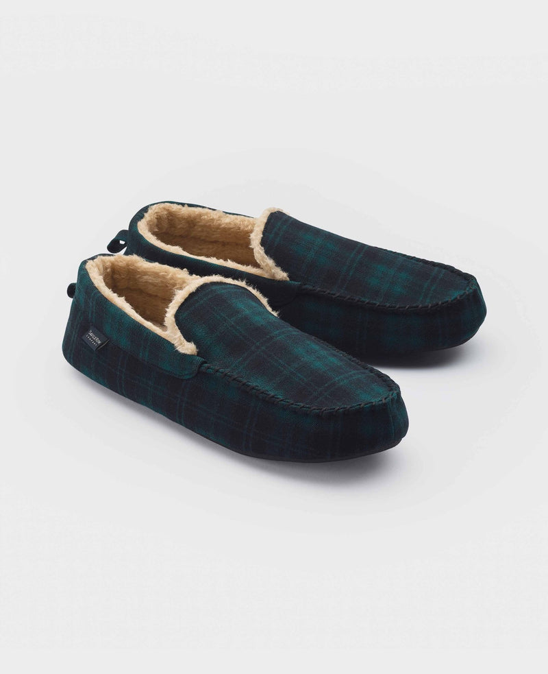 Black Green Check Moccasin Slippers