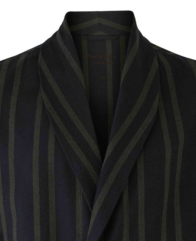 Black Grey Brushed Cotton Twill Striped Dressing Gown