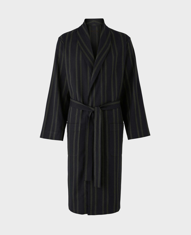 Black Grey Brushed Cotton Twill Striped Dressing Gown