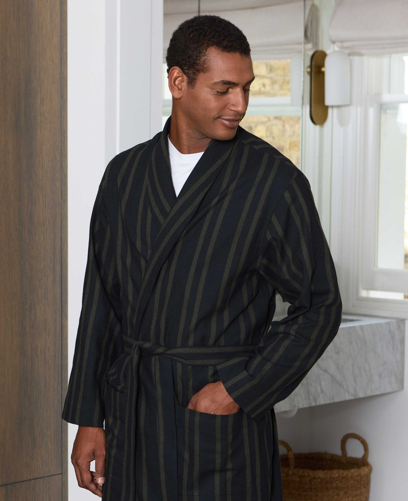 Black Grey Brushed Cotton Twill Striped Dressing Gown