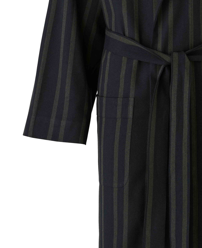 Black Grey Brushed Cotton Twill Striped Dressing Gown