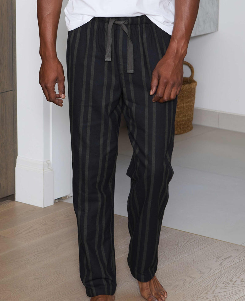 Black Grey Brushed Cotton Twill Striped Lounge Pants