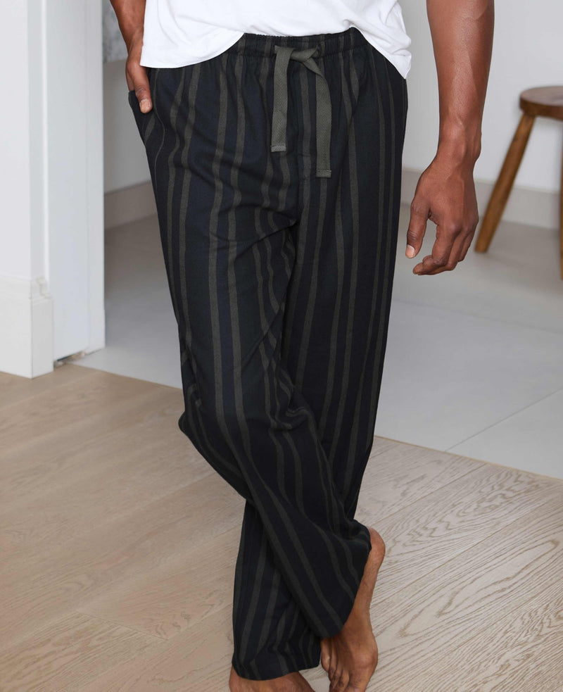 Black Grey Brushed Cotton Twill Striped Lounge Pants