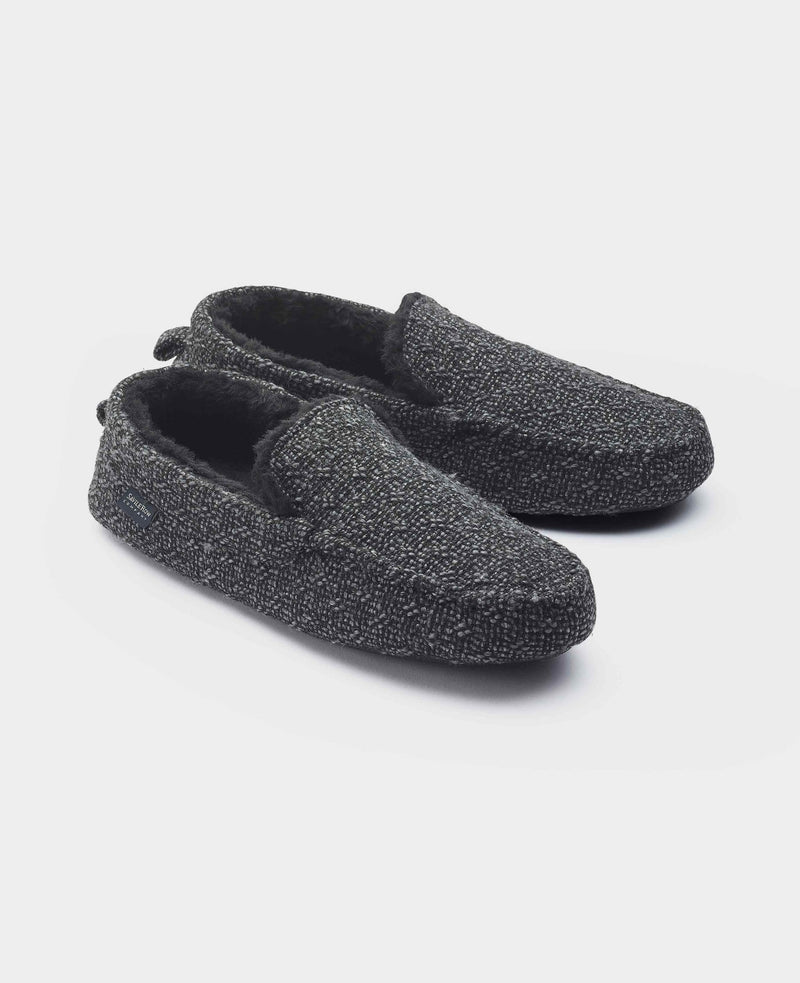 Black Grey Textured Moccasin Slippers