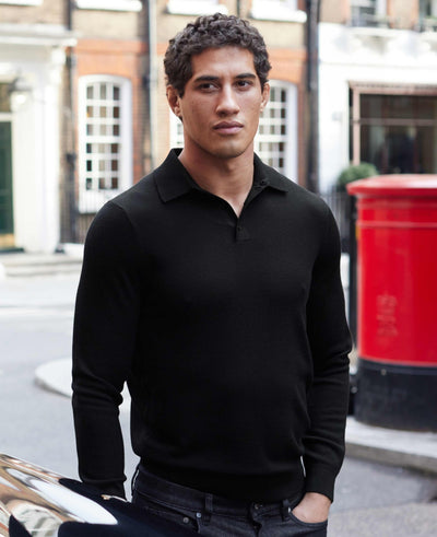 Black Merino Wool Knitted Polo Shirt