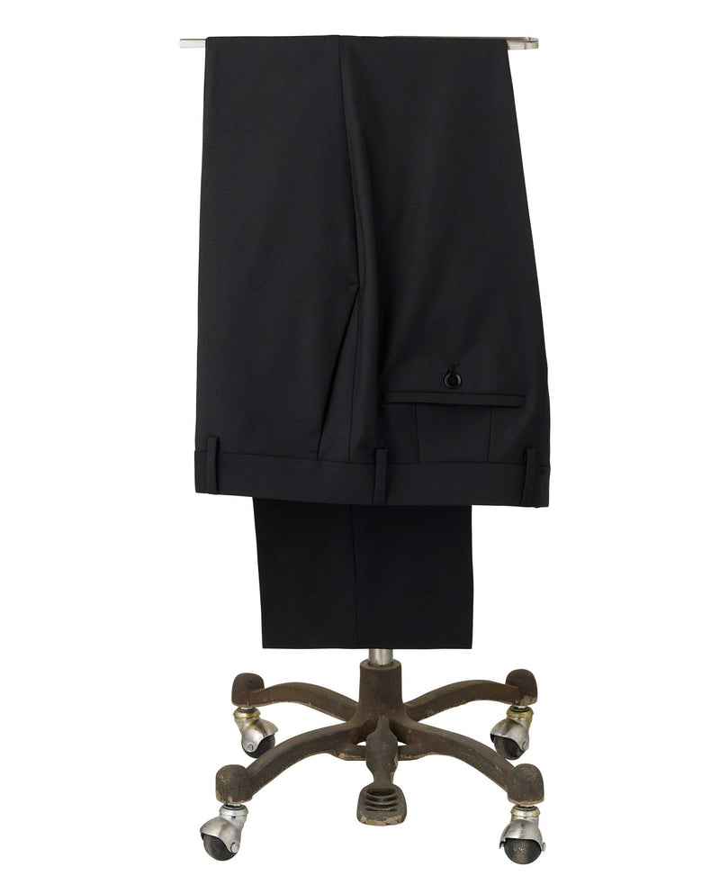 Men's Black Wool Blend Suit Trousers folded on rails