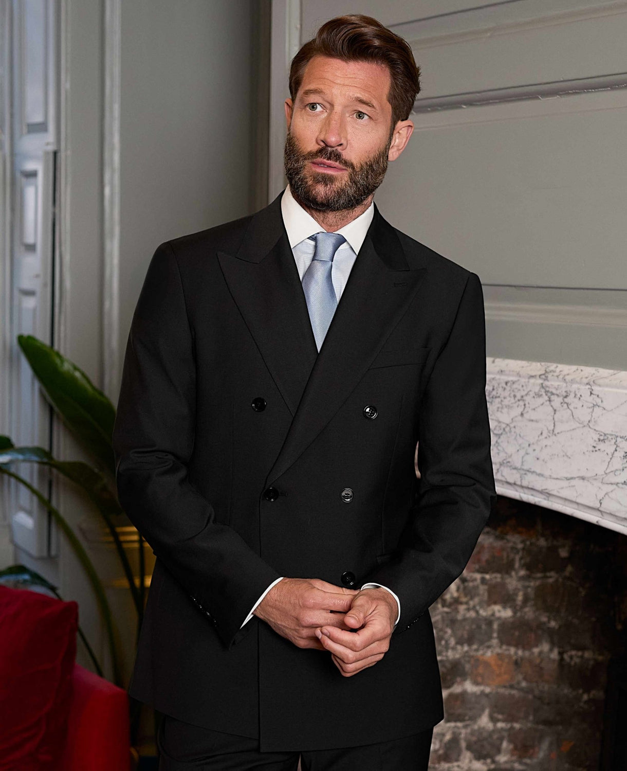 Men's Black Wool Blend Tailored Double Breasted Suit model shot 2