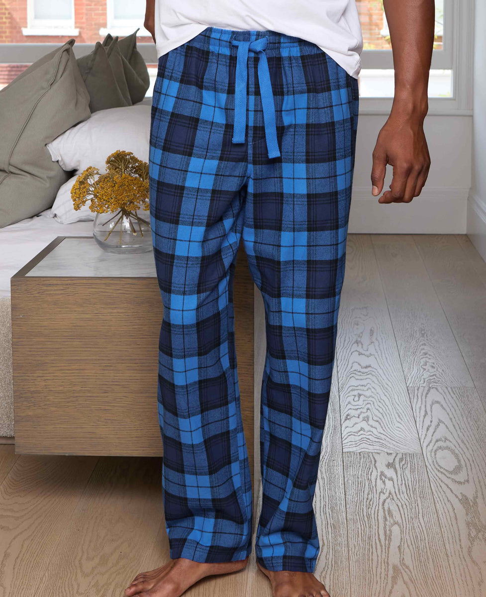 Men's Blue Brushed Cotton Twill Window Check Lounge Pants | Savile