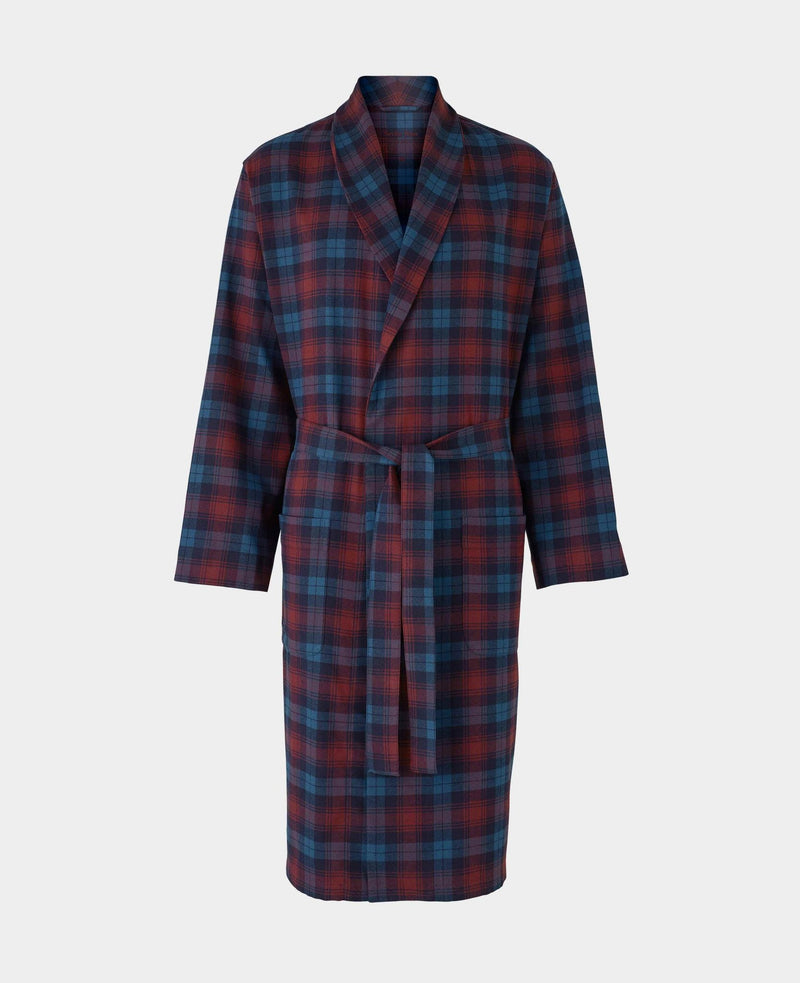 Blue Burgundy Brushed Cotton Twill Window Check Dressing Gown