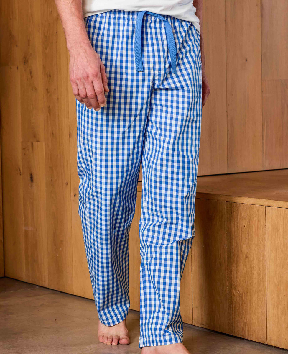 Men's Blue Cotton Gingham Check Lounge Pants | Savile Row Company
