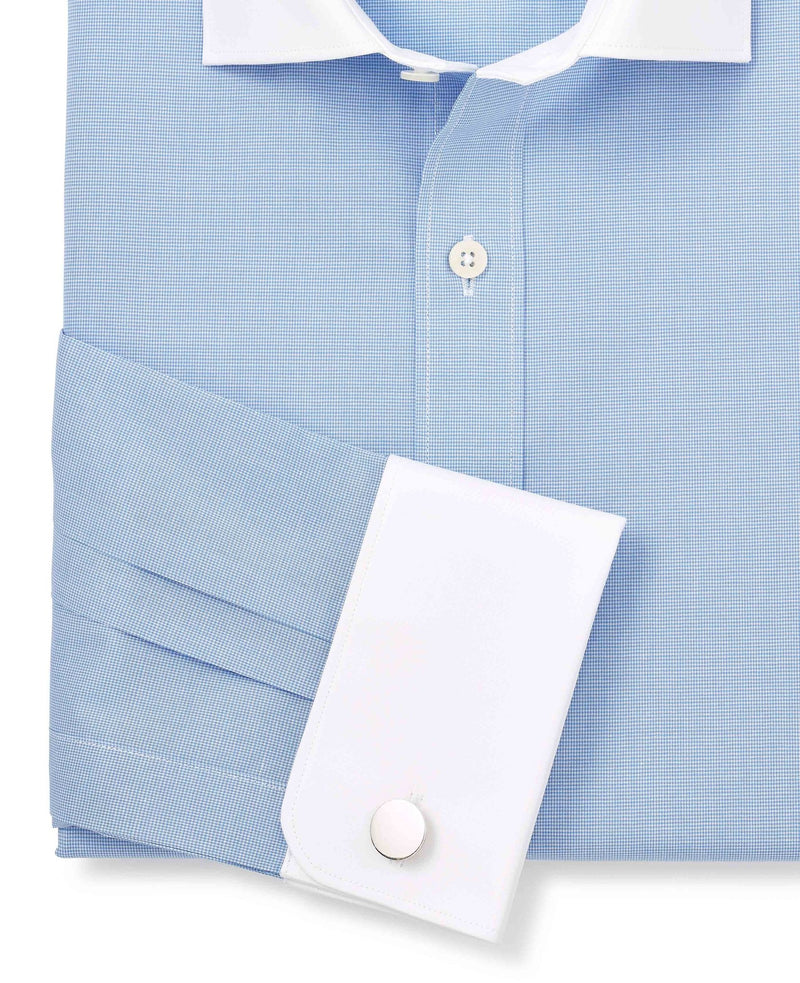 Men's Blue Cotton Check Slim Fit Winchester Formal Shirt With Double Cuff sleeve detail