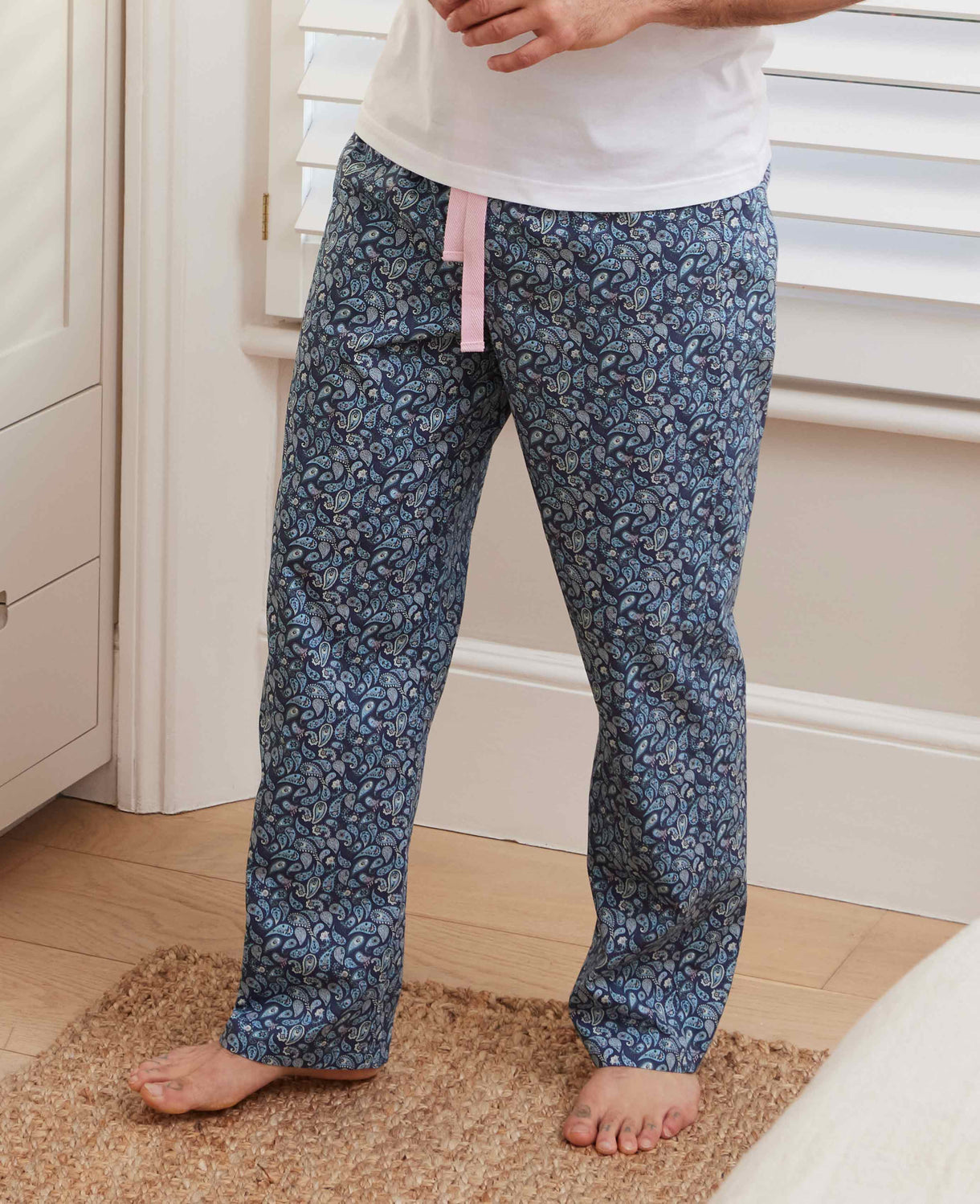 Men's Blue Cotton Paisley Lounge Pants model shots