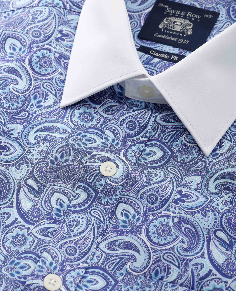 Men's Blue Cotton Paisley Print Classic Fit Winchester Formal Shirt With Double Cuffs collar detail