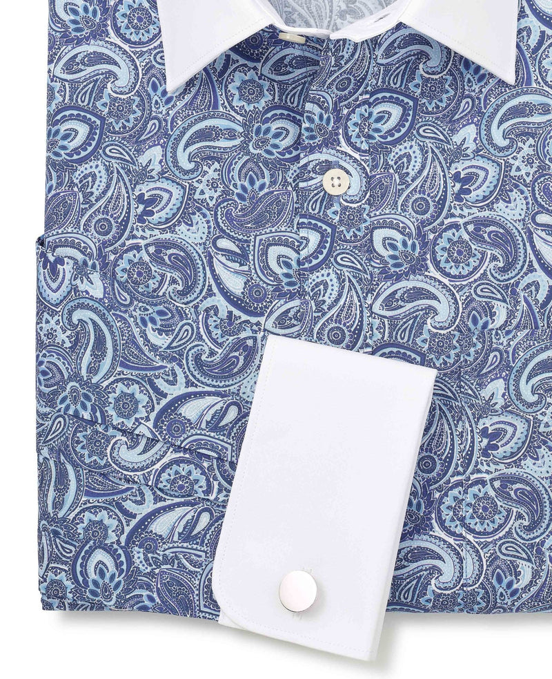 Men's Blue Cotton Paisley Print Classic Fit Winchester Formal Shirt With Double Cuffs sleeve detail