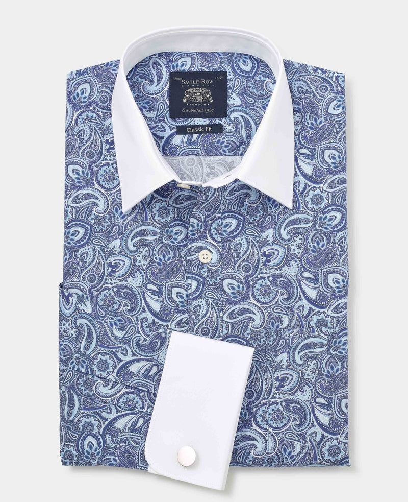 Men's Blue Cotton Paisley Print Classic Fit Winchester Formal Shirt With Double Cuffs folded