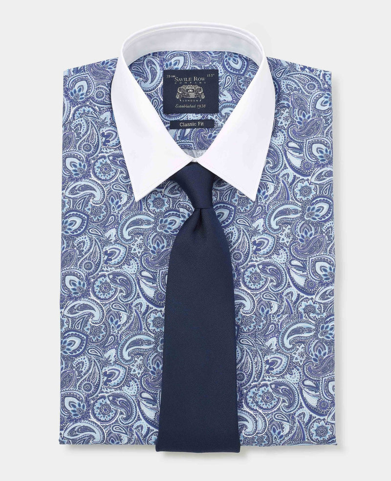 Men's Blue Cotton Paisley Print Classic Fit Winchester Formal Shirt With Double Cuffs folded with tie
