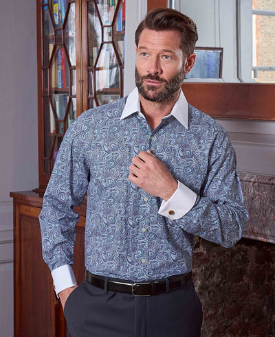 Men's Blue Cotton Paisley Print Classic Fit Winchester Formal Shirt With Double Cuffs model image 1