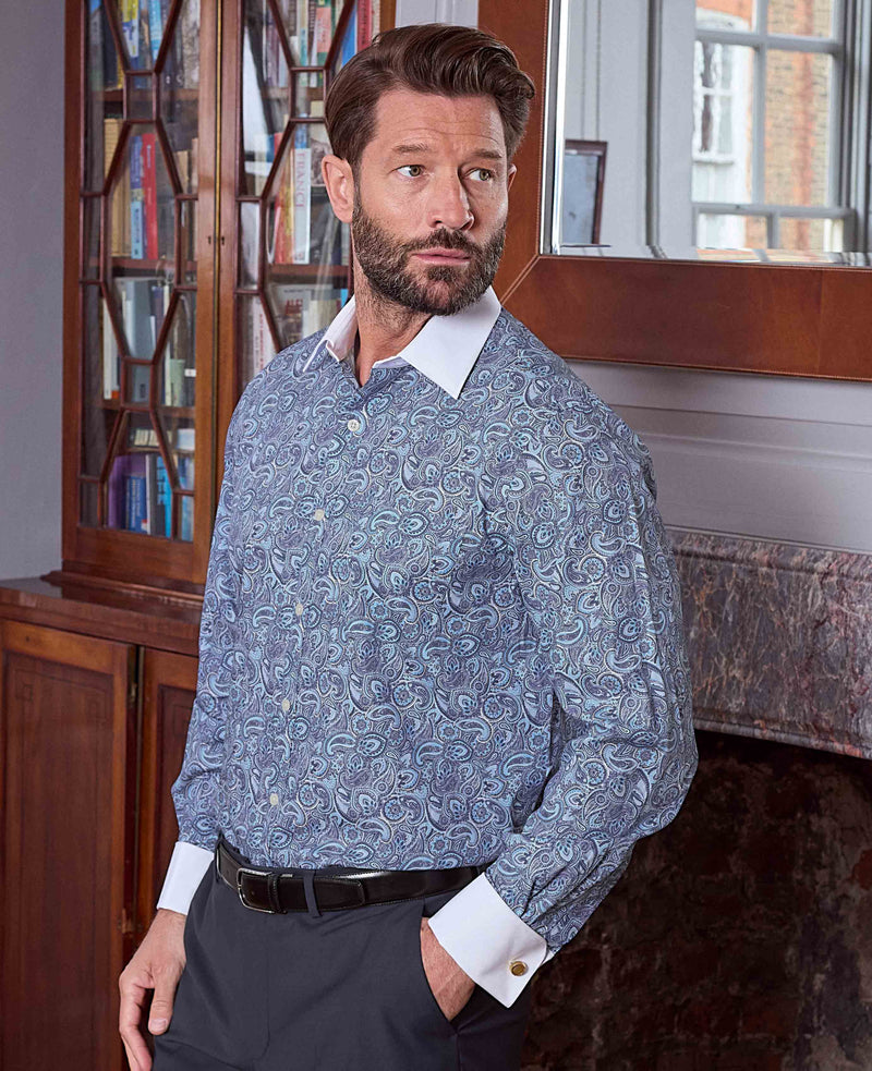 Men's Blue Cotton Paisley Print Classic Fit Winchester Formal Shirt With Double Cuffs model image