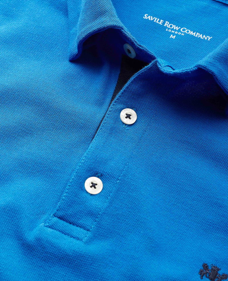 Men's Blue Cotton Pique Long Sleeve Polo Shirt collar detail