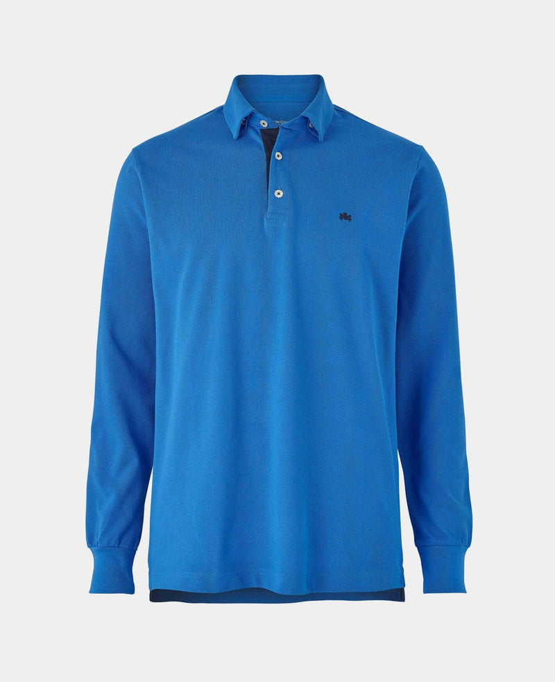 Men's Blue Cotton Pique Long Sleeve Polo Shirt mannequin