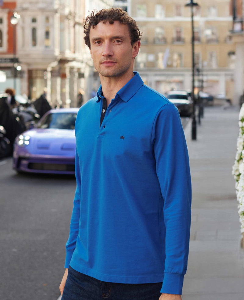 Blue Cotton Pique Long Sleeve Polo Shirt