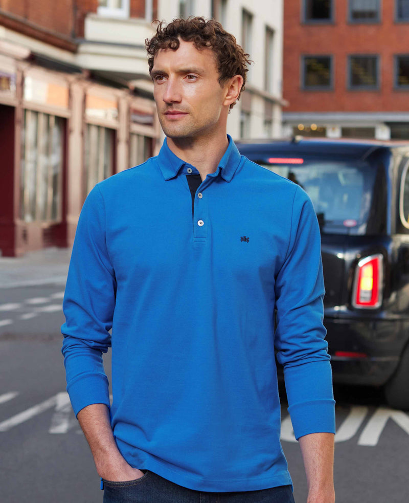 Blue Cotton Pique Long Sleeve Polo Shirt