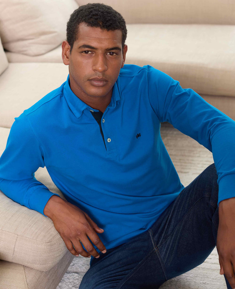 Men's Blue Cotton Pique Long Sleeve Polo Shirt model shot 2