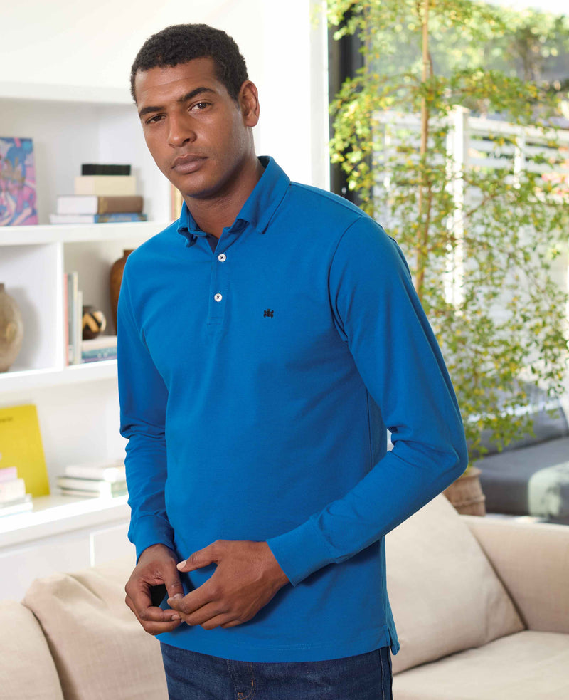 Men's Blue Cotton Pique Long Sleeve Polo Shirt model shot
