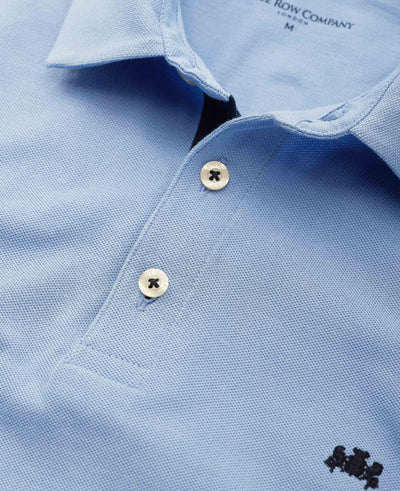 Men's Blue Cotton Pique Short Sleeve Polo Shirt collar detail