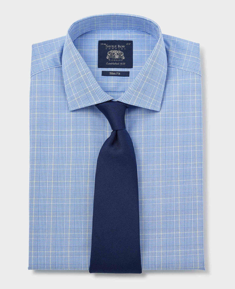 Blue Cotton Prince of Wales Check Slim Fit Formal Shirt - Double Cuff