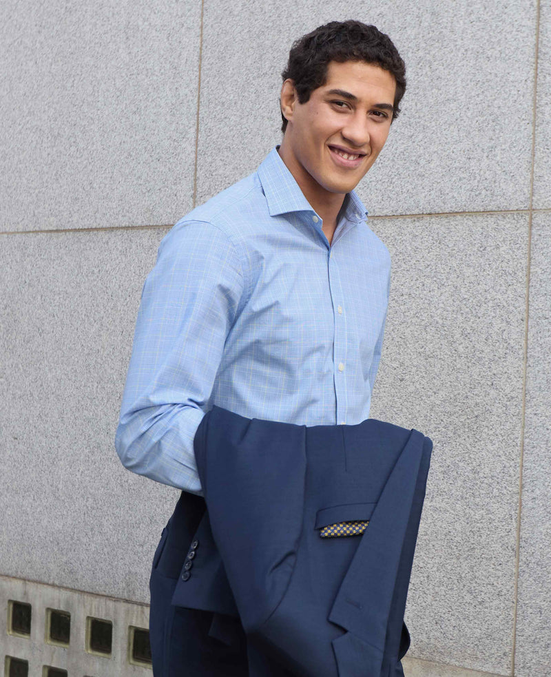 Blue Cotton Prince of Wales Check Slim Fit Formal Shirt - Double Cuff