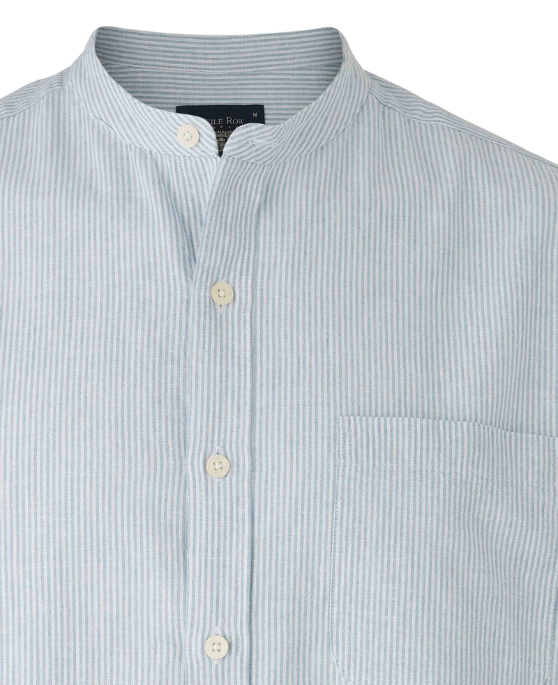 Men's Blue Linen Cotton Stripe Classic Fit Grandad Collar Casual Shirt collar detail