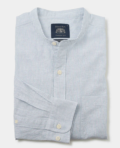 Men's Blue Linen Cotton Stripe Classic Fit Grandad Collar Casual Shirt folded