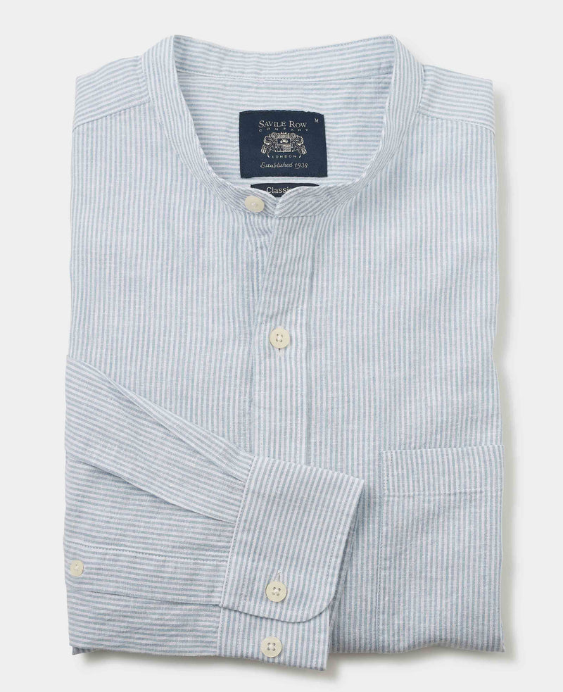 Men's Blue Linen Cotton Stripe Classic Fit Grandad Collar Casual Shirt folded
