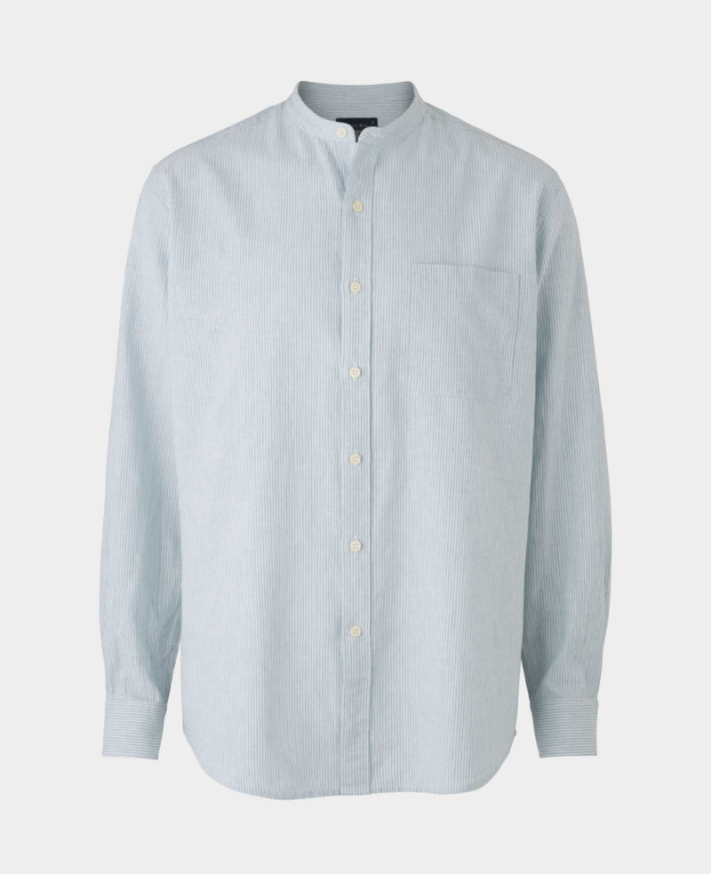 Men's Blue Linen Cotton Stripe Classic Fit Grandad Collar Casual Shirt mannequin