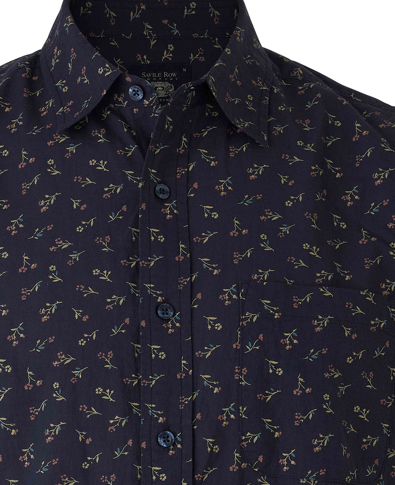 Men's Blue Stretch Cotton Classic Fit Floral Casual Shirt  collar detail