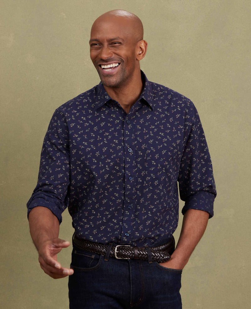 Men's Blue Stretch Cotton Classic Fit Floral Casual Shirt  model shot 1