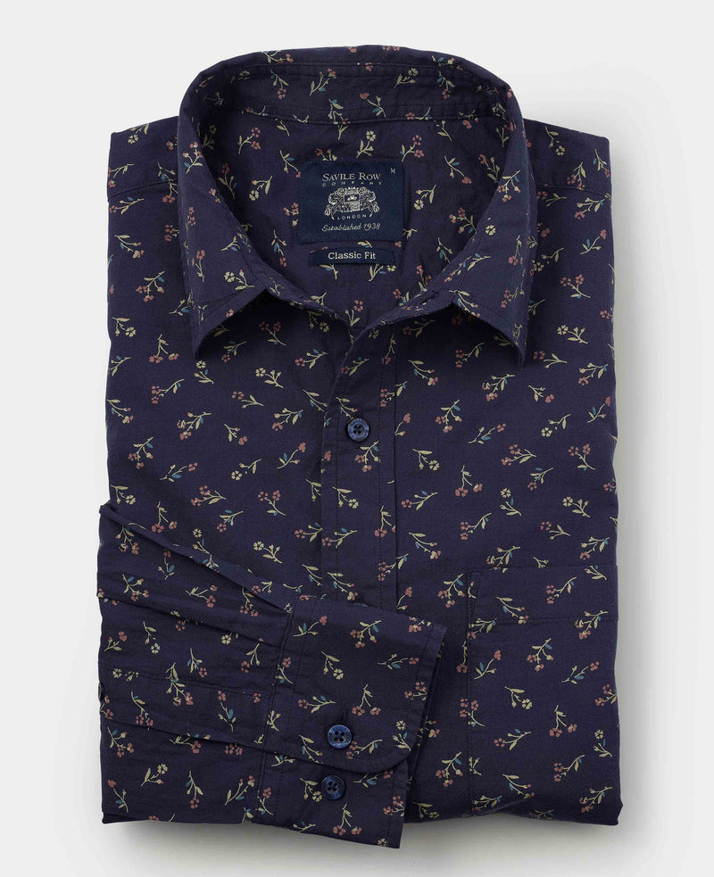 Men's Blue Stretch Cotton Classic Fit Floral Casual Shirt  folded