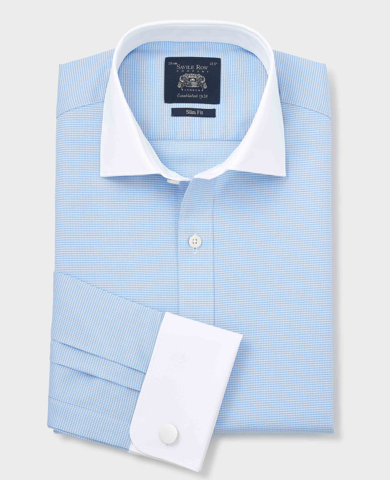 Blue Textured Cotton Puppytooth Slim Fit Winchester Formal Shirt - Double Cuff