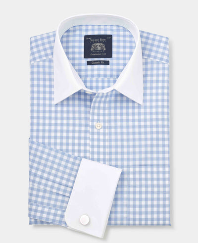 Men's Blue White Cotton Check Classic Fit Winchester Formal Shirt With Double Cuffs folded